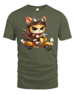 Steampunk Biker Cat Riding T-shirt - military green t-shirt on white background