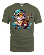 Cute Tiger Skater Boy Tee - military green t-shirt on white background