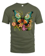 Colorful Butterfly and Flowers T-shirt - military green t-shirt on white background