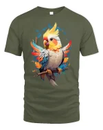 Vibrant Parrot Graphic Tee - military green t-shirt on white background