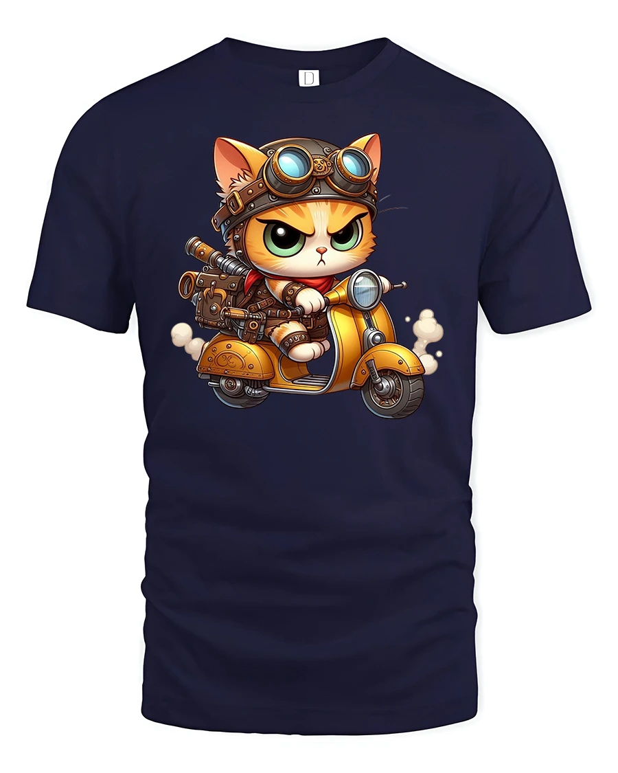 Steampunk Biker Cat Riding T-shirt - 1 Steampunk Biker Cat Riding T-shirt - navy t-shirt on white background