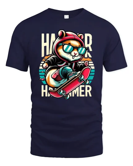 Cool Skateboard Hamster Tee - navy t-shirt on white background