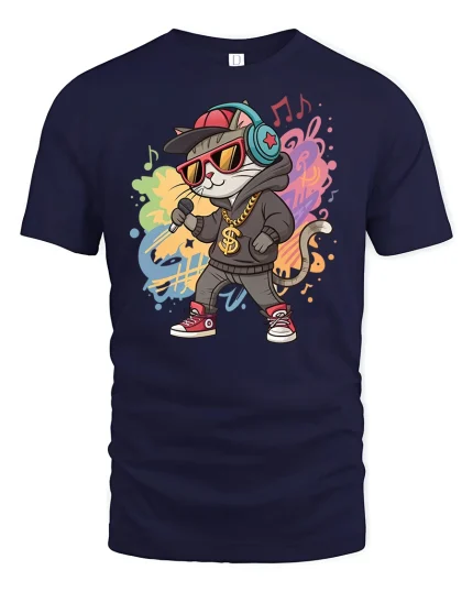Hip Hop Rap Cat Graphic Tee - navy t-shirt on white background