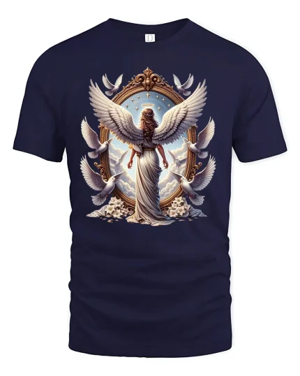 Guardian Angel Wings and Doves Tee - navy t-shirt on white background