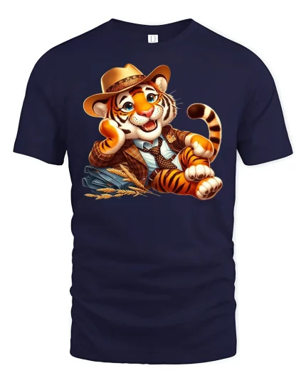 Cowboy Tiger Cute Western Style Tee - navy t-shirt on white background