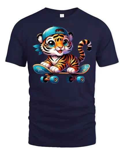 Cute Tiger Skater Boy Tee - navy t-shirt on white background