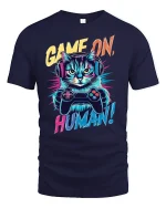 Funny Gamer Cat Tee - navy t-shirt on white background