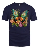 Colorful Butterfly and Flowers T-shirt - navy t-shirt on white background