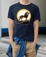 Majestic Lion King Graphic T-shirt - model wearing Navy T-shirt, hands in pockets, denim shirt at waist
