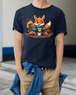 Coffee Fox Fuel Funny Morning T-shirt - model wearing Navy T-shirt, hands in pockets, denim shirt at waist