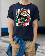 Cool Skateboard Hamster Tee - model wearing Navy T-shirt, hands in pockets, denim shirt at waist