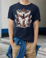 Guardian Angel Wings and Doves Tee - model wearing Navy T-shirt, hands in pockets, denim shirt at waist