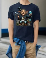 Goblin Wizard Magic Fantasy T-shirt - model wearing Navy T-shirt, hands in pockets, denim shirt at waist