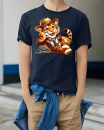 Cowboy Tiger Cute Western Style Tee - model wearing Navy T-shirt, hands in pockets, denim shirt at waist