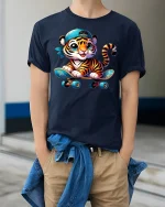 Cute Tiger Skater Boy Tee - model wearing Navy T-shirt, hands in pockets, denim shirt at waist