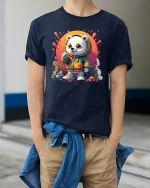 Street Style Hoodie Bear T-shirt - model wearing Navy T-shirt, hands in pockets, denim shirt at waist