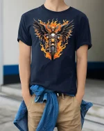 Flaming Eagle Motorcycle Rider T-shirt - model wearing Navy T-shirt, hands in pockets, denim shirt at waist