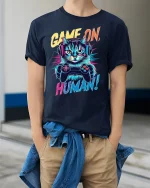 Funny Gamer Cat Tee - model wearing Navy T-shirt, hands in pockets, denim shirt at waist