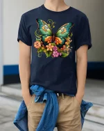 Colorful Butterfly and Flowers T-shirt - model wearing Navy T-shirt, hands in pockets, denim shirt at waist
