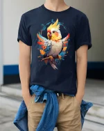Vibrant Parrot Graphic Tee - model wearing Navy T-shirt, hands in pockets, denim shirt at waist