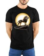 Majestic Lion King Graphic T-shirt - model with hands behind back, wearing Black T-shirt and blue jeans