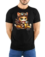 Steampunk Biker Cat Riding T-shirt - model with hands behind back, wearing Black T-shirt and blue jeans