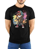 Hip Hop Rap Cat Graphic Tee - model with hands behind back, wearing Black T-shirt and blue jeans