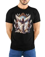 Guardian Angel Wings and Doves Tee - model with hands behind back, wearing Black T-shirt and blue jeans