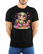 Cute Turtle Beach Vibes Tee - model with hands behind back, wearing Black T-shirt and blue jeans