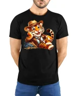 Cowboy Tiger Cute Western Style Tee - model with hands behind back, wearing Black T-shirt and blue jeans