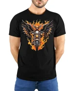 Flaming Eagle Motorcycle Rider T-shirt - model with hands behind back, wearing Black T-shirt and blue jeans