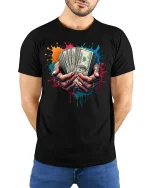 Cash in Hand Tattoo Style T-shirt - model with hands behind back, wearing Black T-shirt and blue jeans