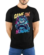 Funny Gamer Cat Tee - model with hands behind back, wearing Black T-shirt and blue jeans