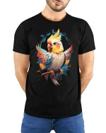 Vibrant Parrot Graphic Tee - model with hands behind back, wearing Black T-shirt and blue jeans