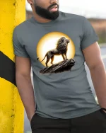 Majestic Lion King Graphic T-shirt - model leaning on yellow-black pole, wearing Gray T-shirt, hand in pocket