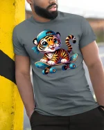 Cute Tiger Skater Boy Tee - model leaning on yellow-black pole, wearing Gray T-shirt, hand in pocket