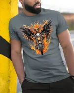 Flaming Eagle Motorcycle Rider T-shirt - model leaning on yellow-black pole, wearing Gray T-shirt, hand in pocket