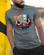 Cash in Hand Tattoo Style T-shirt - model leaning on yellow-black pole, wearing Gray T-shirt, hand in pocket