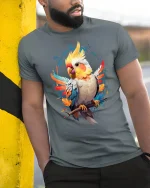 Vibrant Parrot Graphic Tee - model leaning on yellow-black pole, wearing Gray T-shirt, hand in pocket