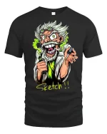 Mad Scientist Cartoon Tee - black t-shirt on white background