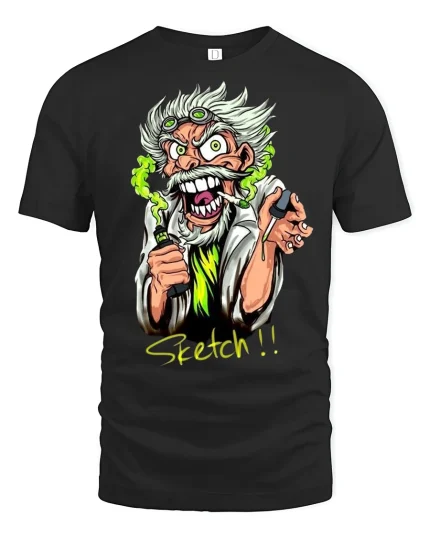 Mad Scientist Cartoon Tee - black t-shirt on white background