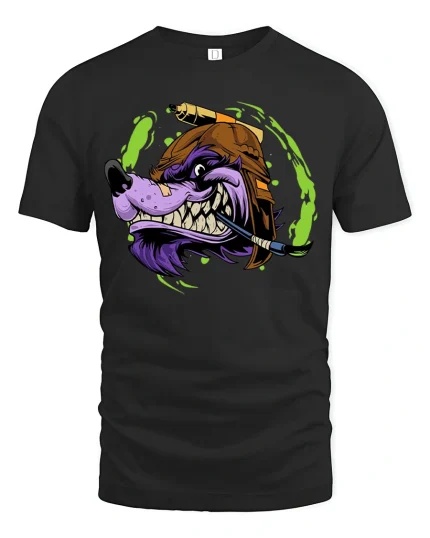 Fierce Purple Wolf With Helmet T-shirt - black t-shirt on white background