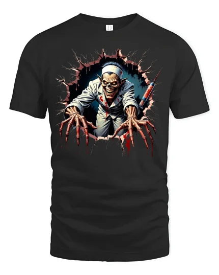 Creepy Zombie Nurse Claw T-shirt - black t-shirt on white background