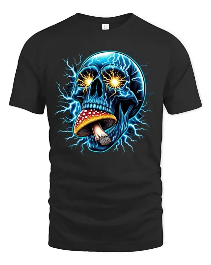 Electric Skull With Mushroom Tee - black t-shirt on white background