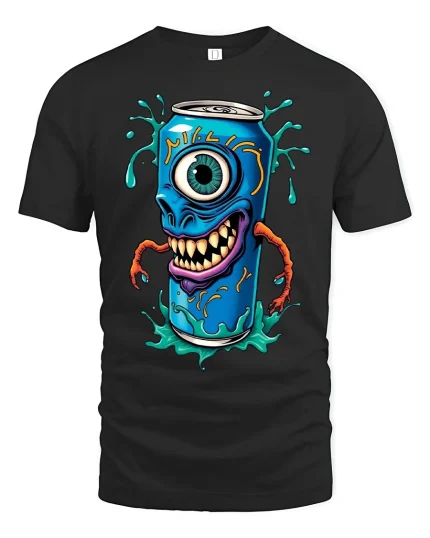 Monster Soda Can Cyclops T-shirt - black t-shirt on white background