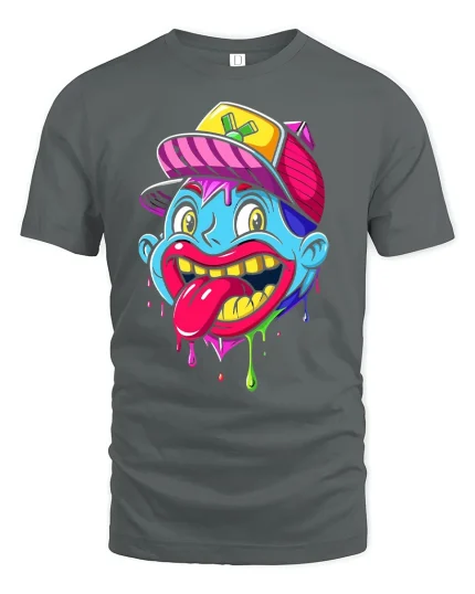 Wacky Cartoon Face Dripping T-shirt - gray t-shirt on white background