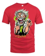 Mad Scientist Cartoon Tee - red t-shirt on white background