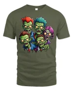 Funny Cartoon Zombie Squad Horror T-shirt - military green t-shirt on white background