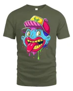 Wacky Cartoon Face Dripping T-shirt - military green t-shirt on white background
