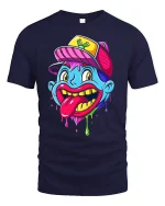 Wacky Cartoon Face Dripping T-shirt - navy t-shirt on white background